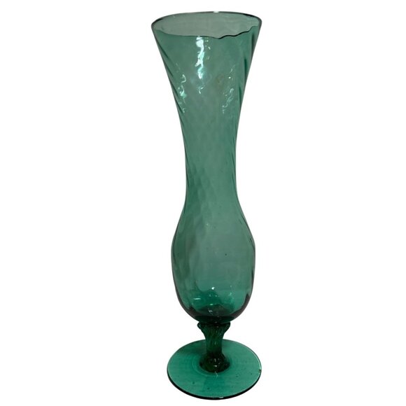 Vintage Hand-Blown Green Glass Vase With Swirl Pattern Pedestal Base 8" MCM - Picture 1 of 8